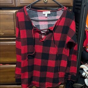 Plaid Lace-Up Hoodie in Red and Black